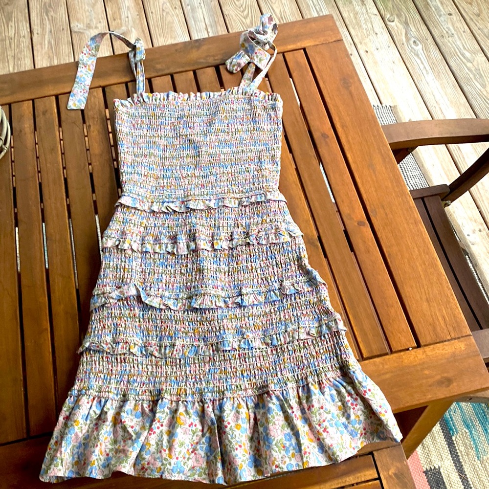 Floral mini dress with tie straps and tiered ruffle | STORIA sz small